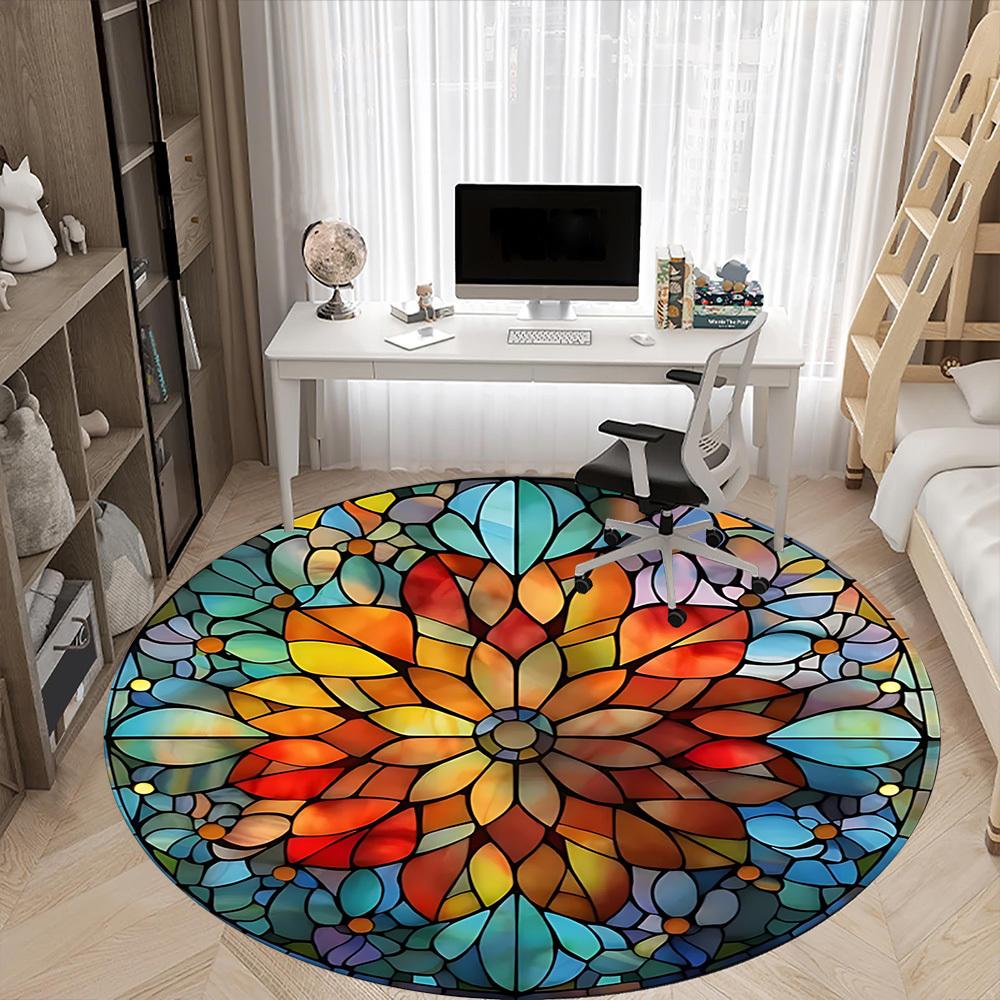 1pc Stained Glass Mandala Office Round Area Rug, Under Office Chairs Bedroom Living Room Home Decor, Room Deco