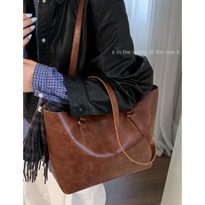 Retro High-end Commuter Women's Bag 2025 New Solid Color Simple Large-capacity Tote Bag Versatile Shoulder Bag