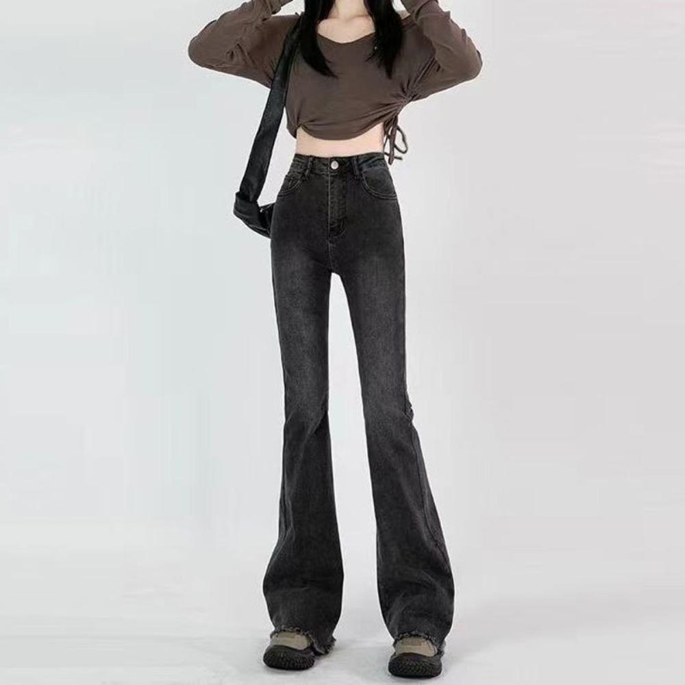 Raw Edge Design Sense Black Gray Micro Flared Jeans Woman