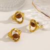 Vintage Stainless Steel Brown Stone Rings for Women Gold Color Geometric Metal Irregular Texture Open Rings Aesthetic Jewelry