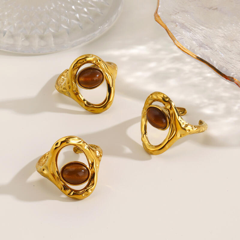 Vintage Stainless Steel Brown Stone Rings for Women Gold Color Geometric Metal Irregular Texture Open Rings Aesthetic Jewelry