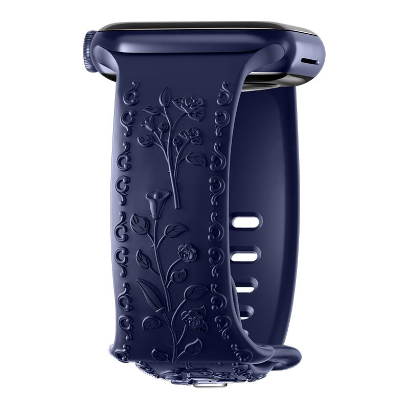 Engraved Strap For Apple Watch Band 42mm 44mm 45mm 41mm 40mm 49mm Silicone Floral Bracelet Correa Series 8 9 7 SE 4 5 6 Ultra 2