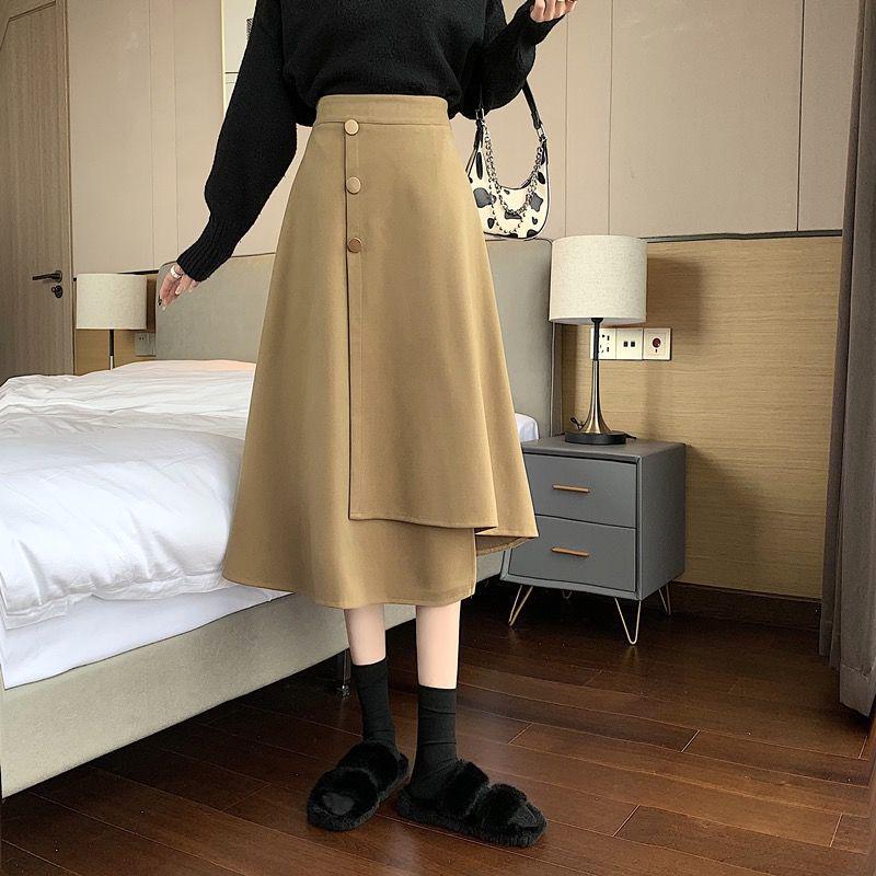 Women's High Waist Woolen A-Line Skirt - Autumn/Winter 2025 Collection, Versatile Mid-Length Irregular Slimming Design