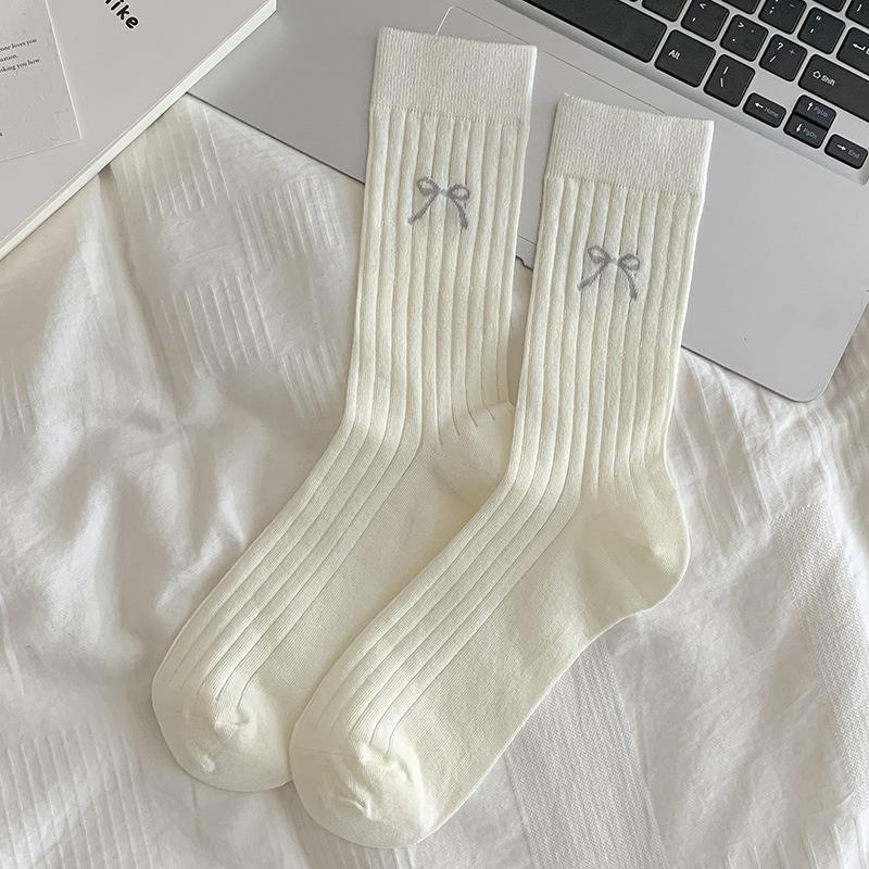 Women's Summer Thin Solid Color Bow Mesh Breathable Tube Stack Cotton Socks