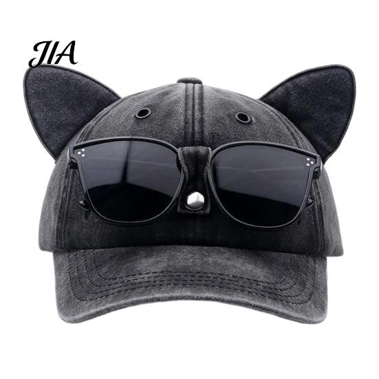 Adjustable Sun Hat with Sunglasses Cat Ear Trucker Hat, Baseball Cap Detachable Sunglasses, Curved Brim Protection Pilot Style for Outdoor Travel