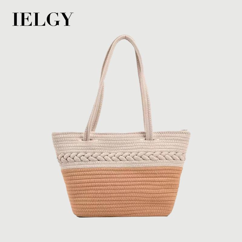 IELGY Color Matching One-Shoulder Straw Bag Large-Capacity Woven Vacation Beach Bag