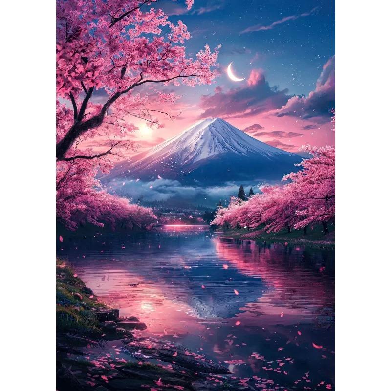 Pink City Asian Travel Japanese Cherry Blossoms At Mount Fuji Poster Light Prints Canvas Painting Wall Pictures Home Room Decor