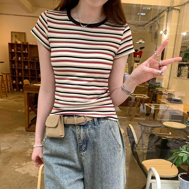 Contrasting Color Striped Crew Neck Front Shoulder Short-sleeved T-shirt Women's Summer Commute Versatile Slim-fit Design Sense Thin Bottoming Top