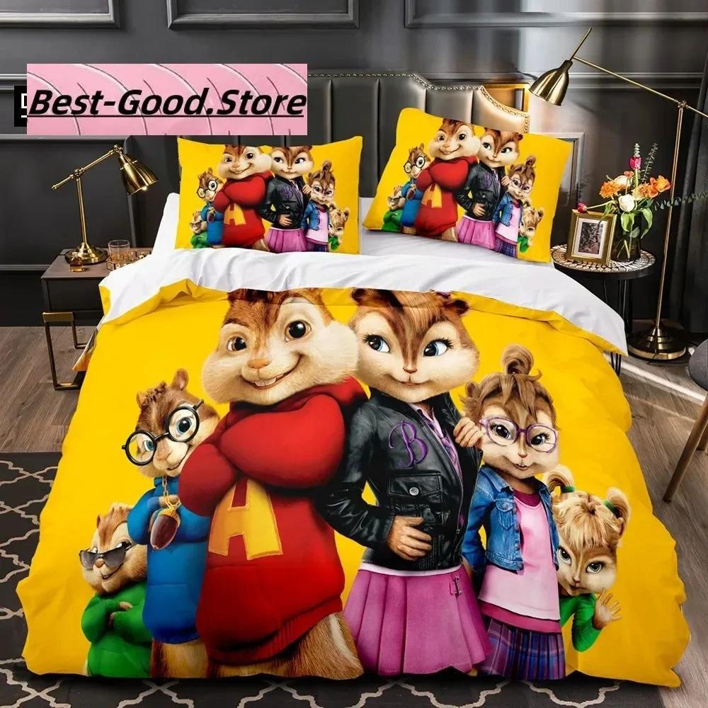 3D Kreslený C-Chipmunk A-Alvin Ložní Sada Tištěná Ložní Sada s Povlakem na Polštář Přikrývka na Postel Jednolůžko Dvoulůžko Queen Super King Size