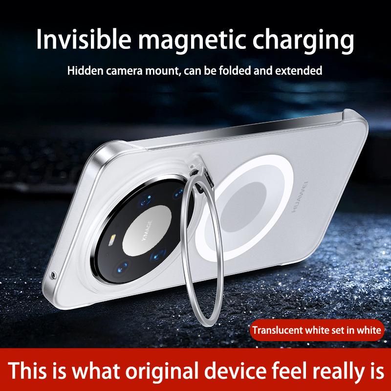 Frameless for Magsafe Magnetic Phone Case Huawei Mate 60 70 80 Pro Max + Lens Stand Holder Transparent Protective Back Cover