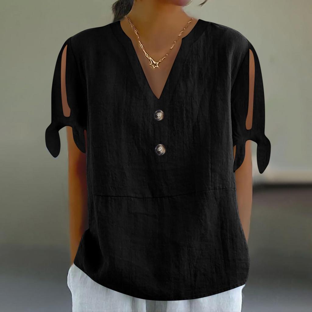 Women's Cotton Linen Shirt Short-sleeved Hollow V-neck Top Casual Knot T-shirt Loose Solided Color T-shirt Top