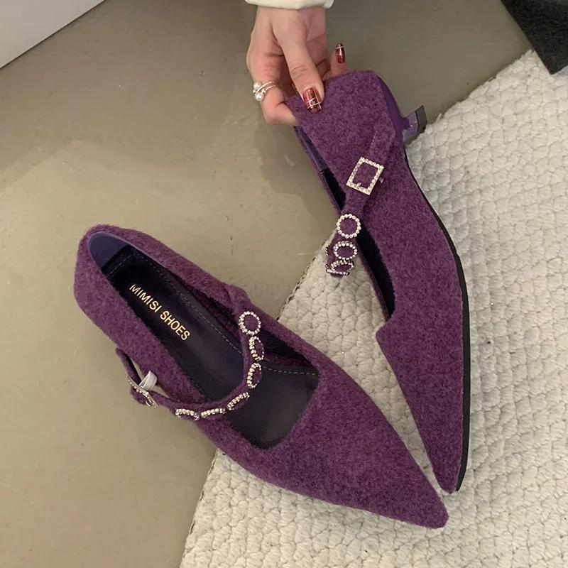 Luxury Satin Rhinestone Pointed Toe Buckle Shallow Low Heeled Women Shoes 2025 New Fashion Brand Designer Wedding Women's Pumps