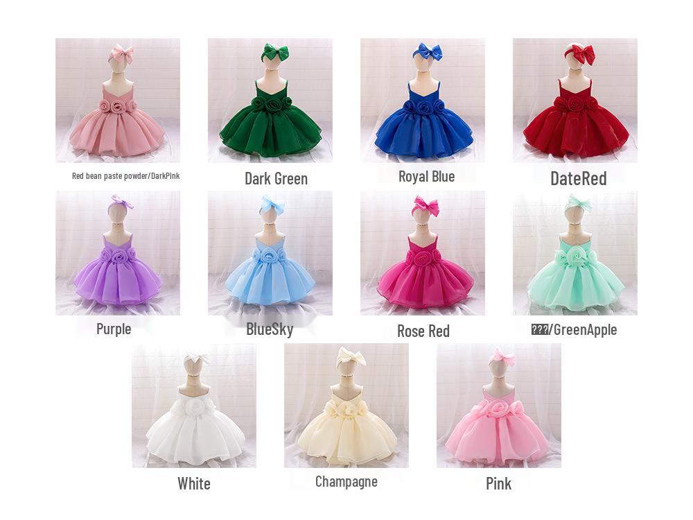One-Year-Old Baby Princess Dress with 3D Floral Design for Special Events or Piano Performances