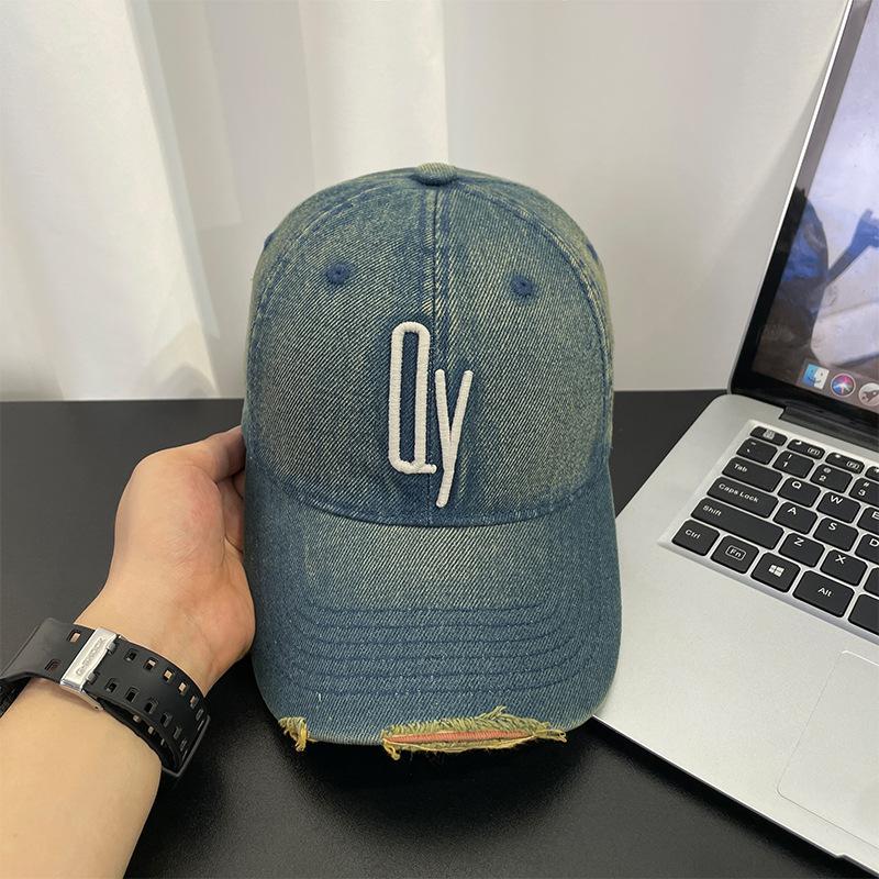 Washed Denim Hat for Men, Korean Style Vintage Sunshade Baseball Cap, Fashionable and Versatile, Embroidered Soft-top Distressed Duckbill Cap for