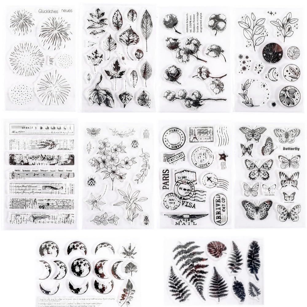 

seimeinoki Прозрачные силиконовые штампы Clear Plant и прозрачная печать для планировщика, писем, ручной работы, DIY для и тиснения, набор из 10 штук, серия,