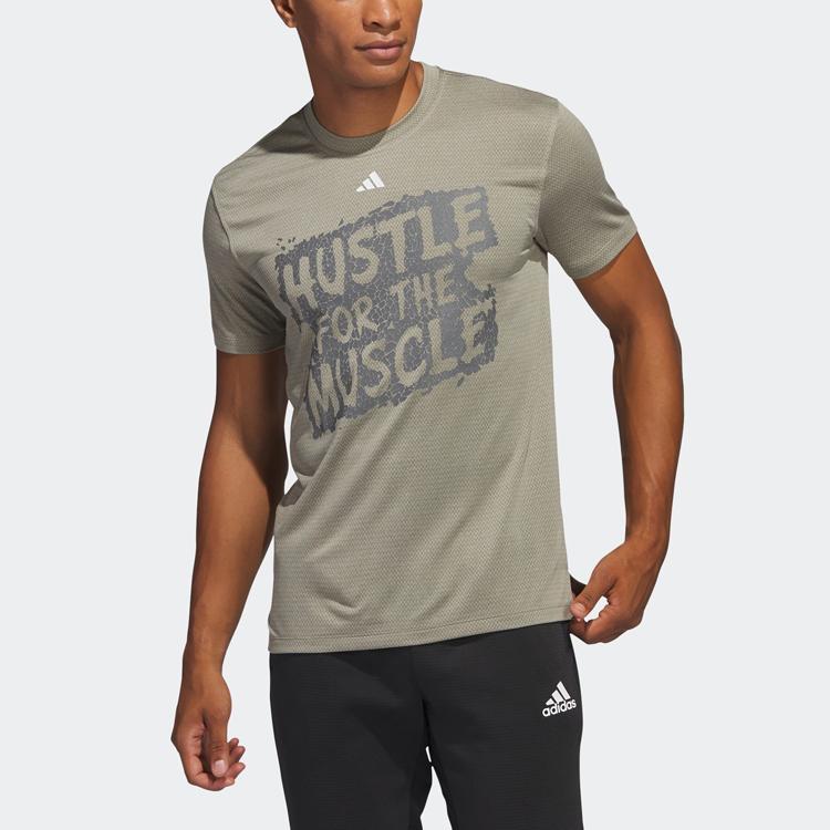 Adidas Hustle For The Muscle Aeroready Letter Pattern Print Quick-Dry Sports Fitness Crew Neck T-Shirt Men Tops Pebble-Silver-Gray H44745