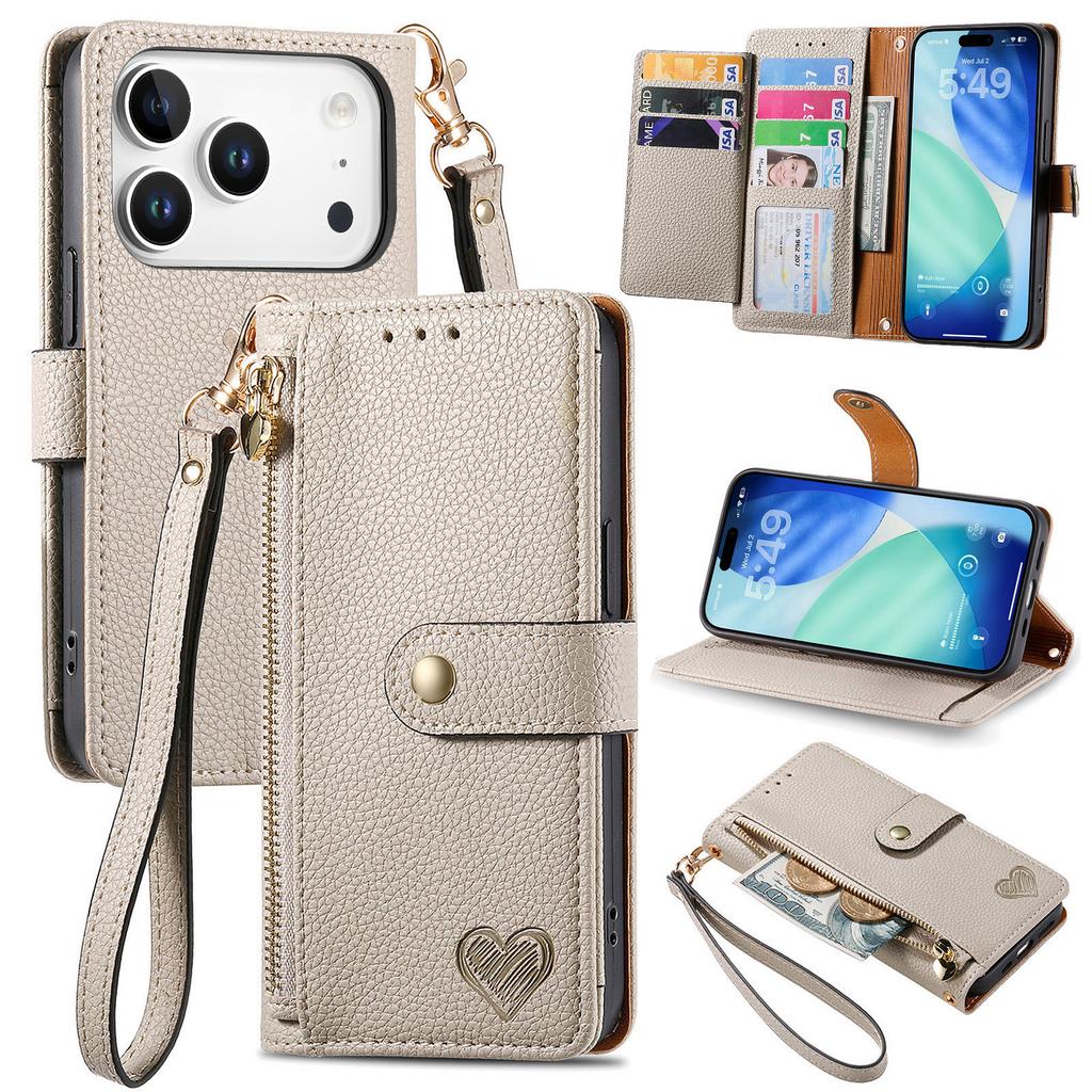 For iPhone 17 Pro Case RFID Blocking Zipper Pocket Leather Wallet Phone Cover with Strap