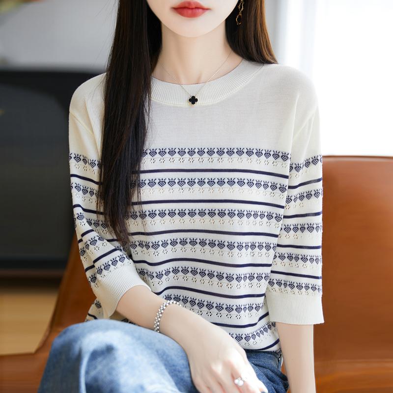 Women Knit T-shirt MODERN NEW SAGA Summer Knitted Shirt Short Sleeve Tees O-neck Patchwork Pullover Knit Tops