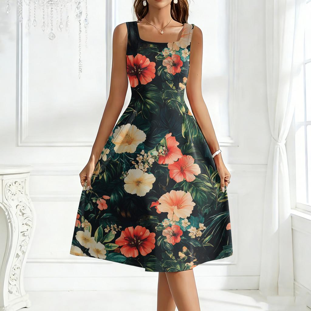 Ladies' square neck floral sleeveless dress with a large swing