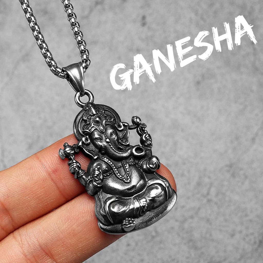 Hinduism Ganesha Powerful Amulet Men Necklaces Stainless Steel Pendant Chain Women Jewelry Vintage Accessories Gifts Wholesale