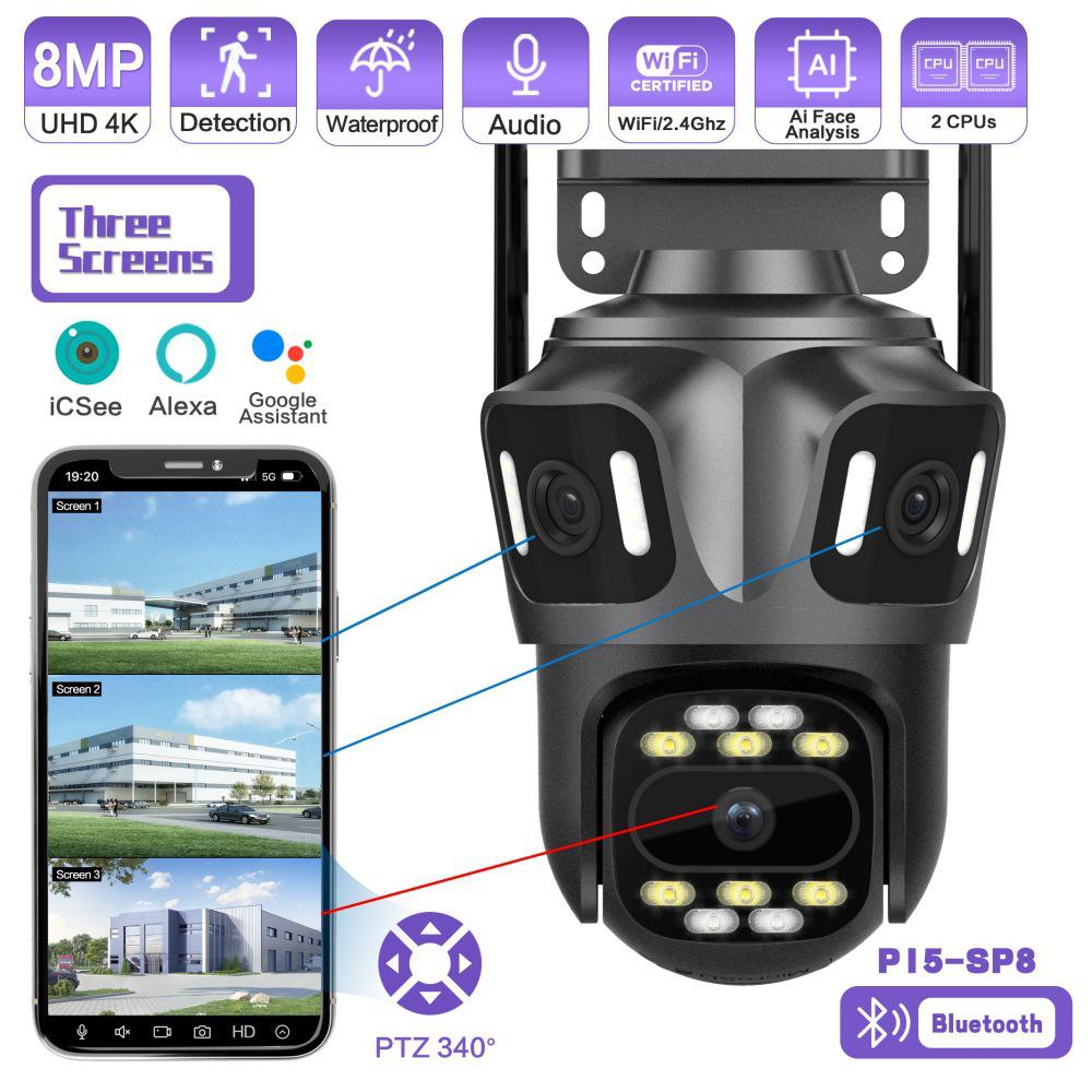 

ICSEE 8MP HD 360° Triple-Lens Wireless WiFi Camera with Mobile Remote Monitoring 3MP English US Plug