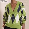 Women's Fashion Casual Fall Winter Rhombus Print Long Sleeve V-Neck Sweaters