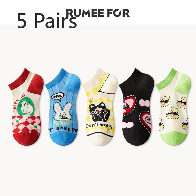 5 Pairs of Men's Summer Thin Cartoon Graffiti Trend Sports Boat Socks