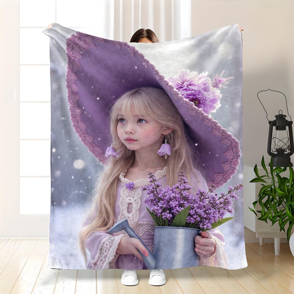 

Enchanting Purple Gnome Girl Blanket - Soft Flannel Floral Fantasy Home Decor Throw 70x100cm
