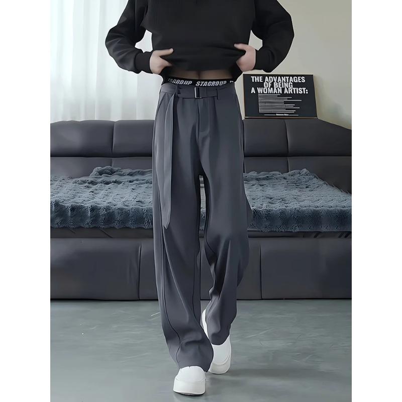 Belt Drape Trousers Men's High-end Scimitar Loose Wide-leg Straight Suit Pants