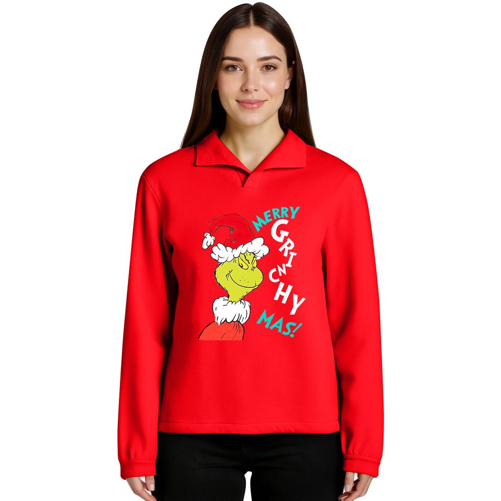 Women's Stand-up Collar Long-sleeved Pullover Top, Christmas Print Sports Top
