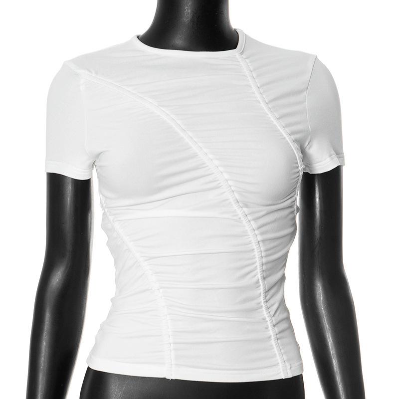 European and American Women's Spring and Summer Round Neck Solid Color Pleated Tight Fitting T-shirt Top