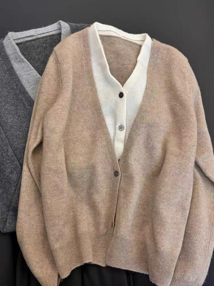 2025 Women's V-Neck Grey Color Block Wool Cardigan - Layered Two-Piece Knitwear for Early Autumn