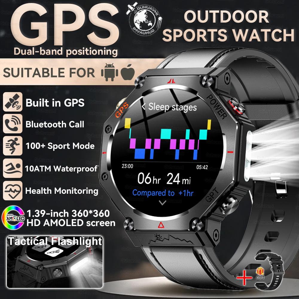 New Bulit-in GPS Outdoor Smart Watch Men Flashlight compass BT call Heart rate 10ATM Waterproof  Sports Smart watch