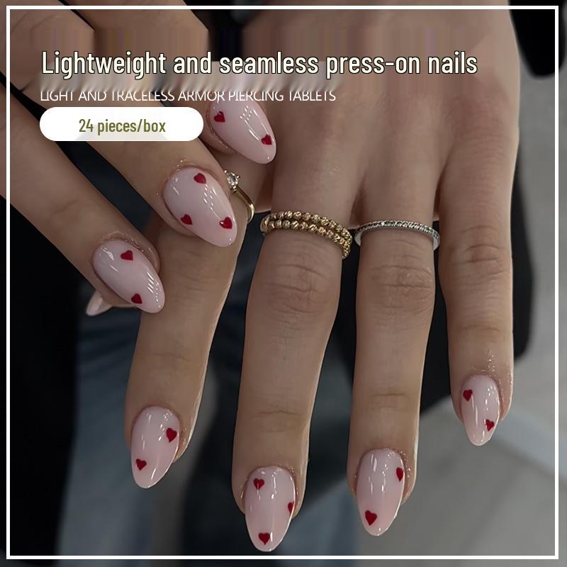 

24-Piece Removable Red Heart Almond False Nails Set Phototherapy Glue