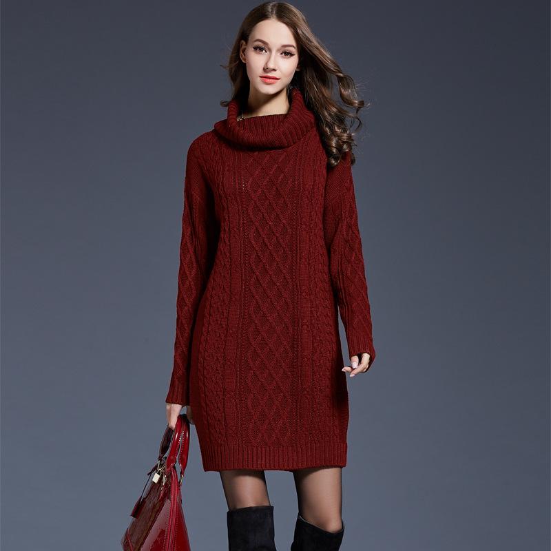 Women's Autumn and Winter Solid Color Slim Knit Dress Spring High Neck Medium Long Elegant Sweater