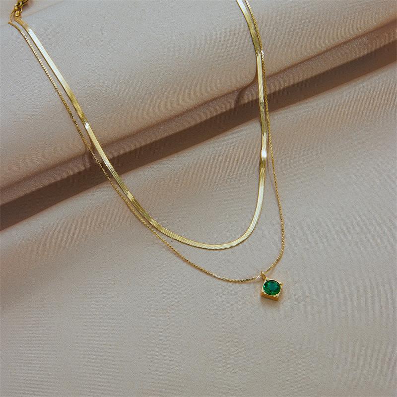 Gold Plated Double Layer Necklace with Herringbone Chain  Green Zircon Pendant, Vintage Emerald Charm Chain for Women