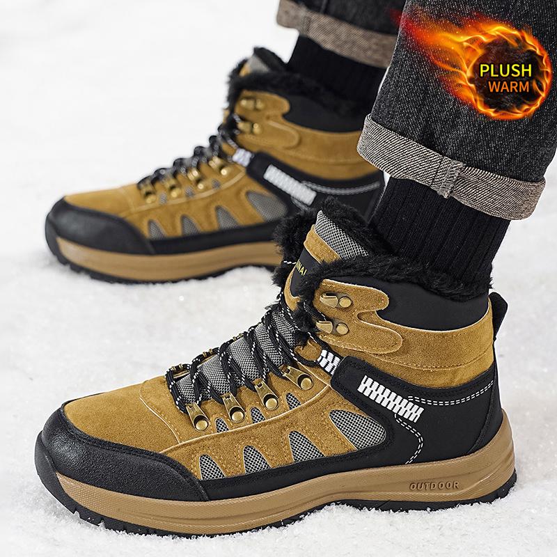 Men'S Snow Boots With Warm Lining, Durable Soles, Round Toe Design, Suitable For Winter Outdoor Walks, Hiking, And Casual Street