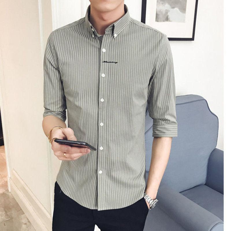 2024 New Summer Fashion Korean Version Trendy Lapel Stripes Casual and Handsome Slim Fit Men's Quarter Sleeved Shirt Shirt