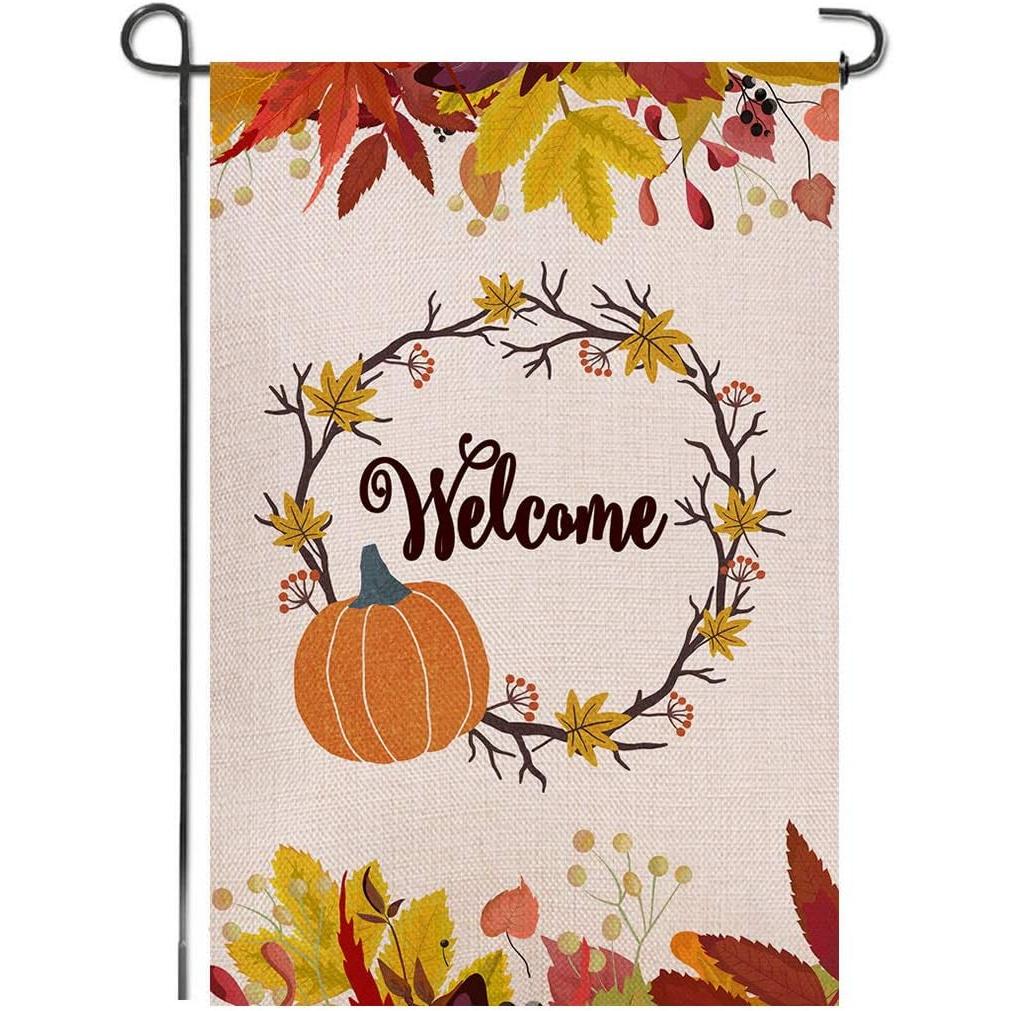 2D Door Banner Autumn Leaves Pumpkin Wreath Welcome Fall Thanksgiving Garden Flag | Double Sided Premium Polyester, Seasonal Outdoor Banner, Decorativ