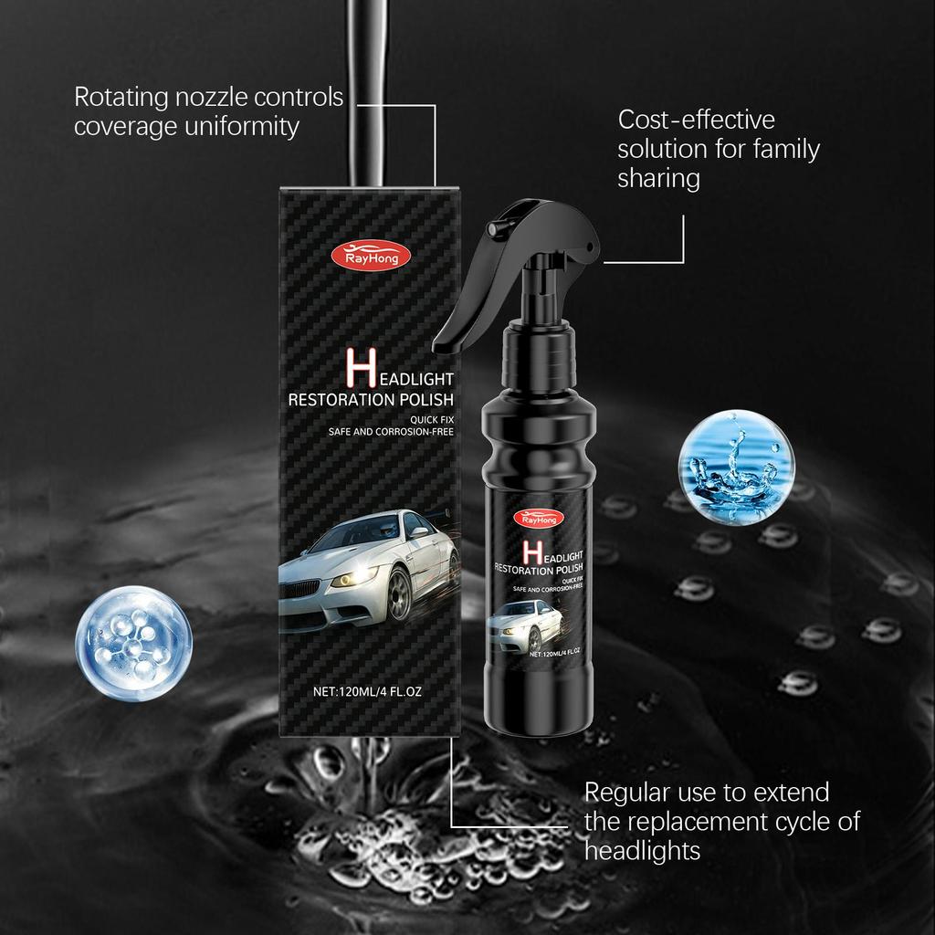 Rayhong Automotive Headlight Maintenance Spray Waterproof & Anti-Fog Formula for Plastic & Glass Lens Covers 120ml
