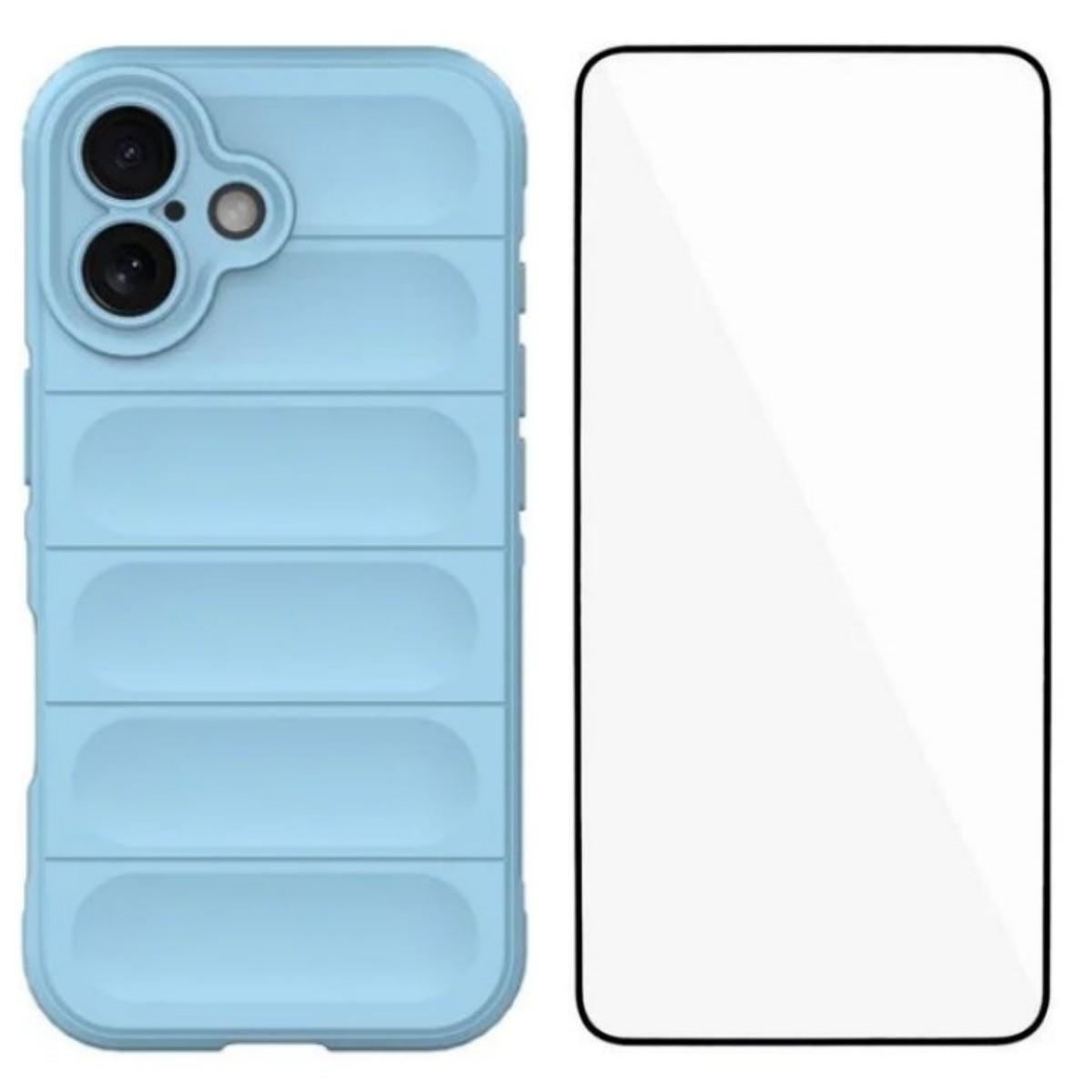 

For iPhone 16 Plus TPU Case WANLONFENG HD Series Anti Slip Phone Cover with Tempered Glass Baby Blue