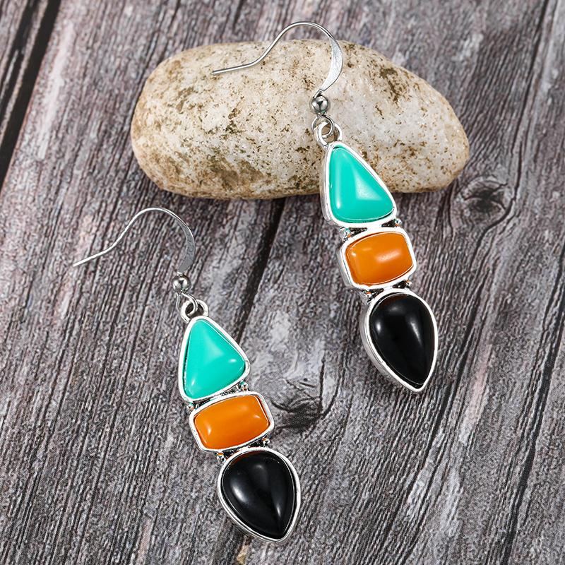 Vintage Bohemian Geometric Irregular Faux Stone Resin Women's Dangle Earrings Tibetan Statement Hook Wedding Party Jewelry