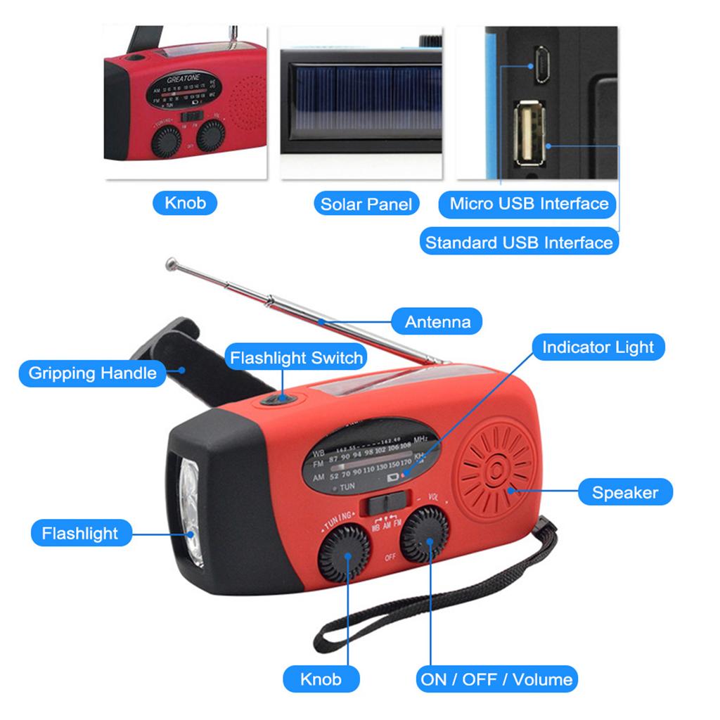 Portable Radio with AM FM Flashlight Reading Lamp NOAA Weather Mobile Power Source for Emergency Solar Powered Crank