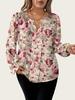 Plus Size Retro Floral V-neck Lantern Sleeve Chiffon Blouse