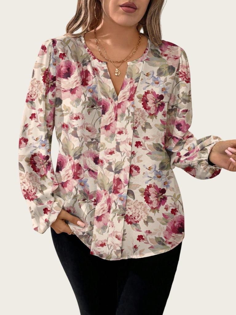 Plus Size Retro Floral V-neck Lantern Sleeve Chiffon Blouse