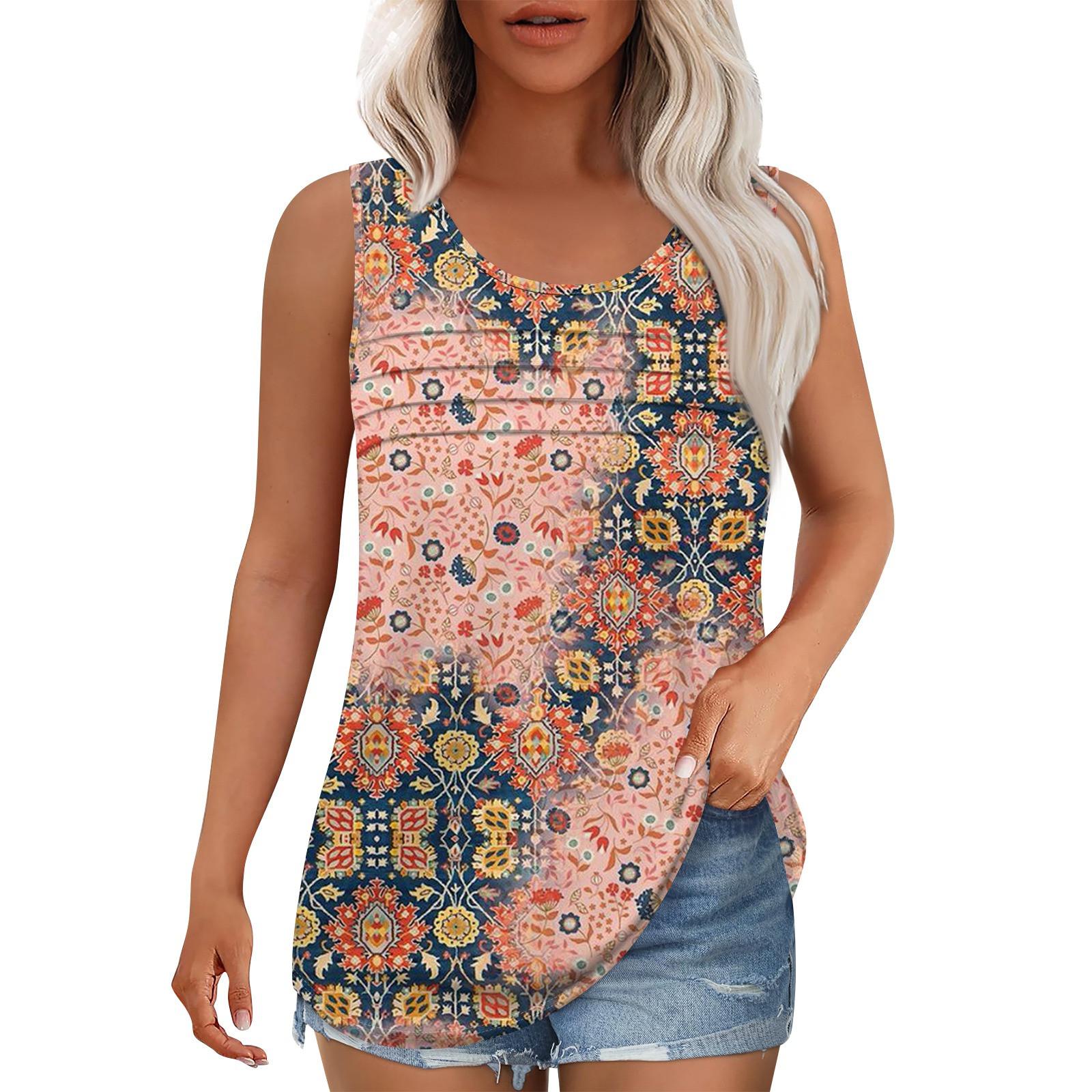 

Майка для женщин Летние наряды Без рукавов Блузки с принтом Повседневные свободные рубашки Округлый вырез Складки спереди M