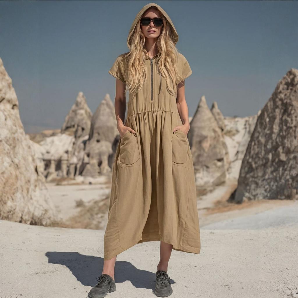 Damen Vintage Baumwoll-Leinen Kapuzen-Halbreißverschluss Mittellanges Kleid