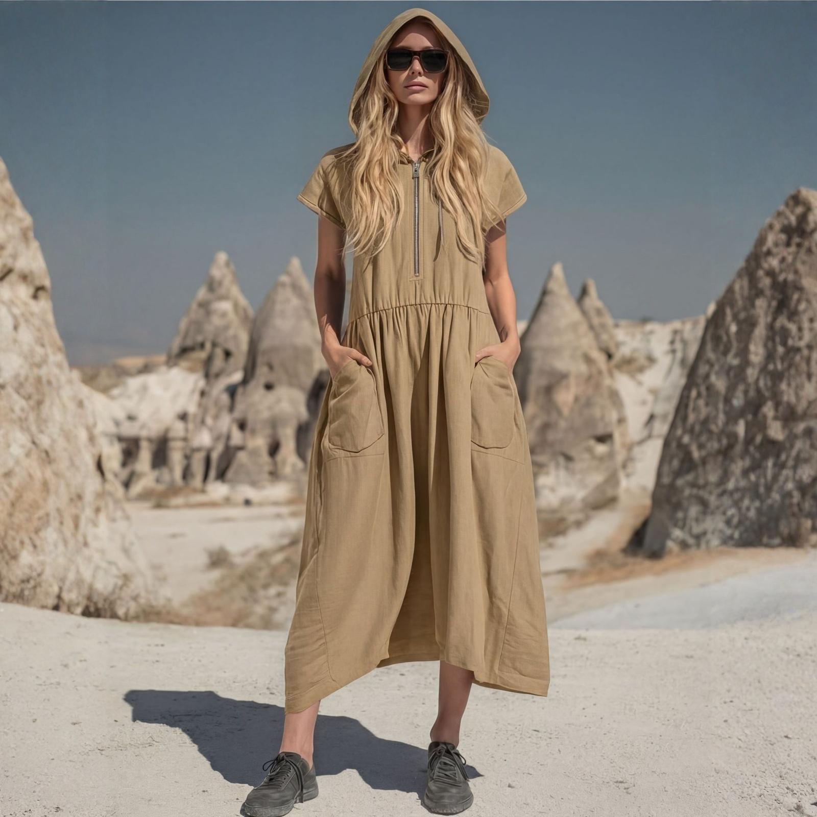 

Women s Vintage Cotton And Linen Hooded Half-zip Mid-length Dress L хакі