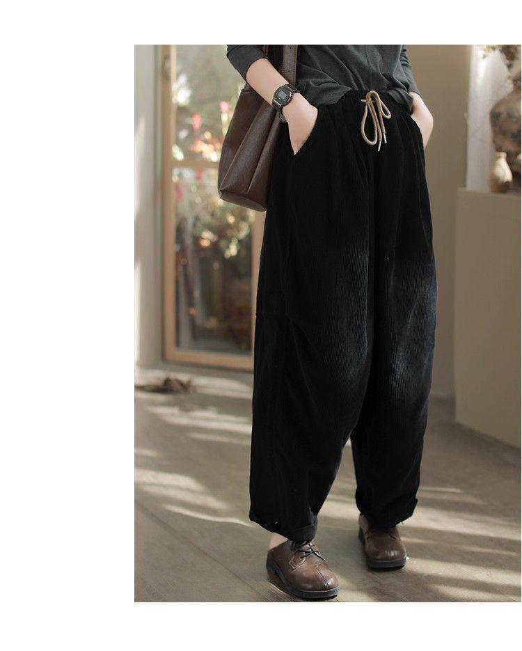 Women's Retro Corduroy Harem Pants - Elastic Waist, Lace-up, Patchwork, Plus Velvet, Thickened for Spring/Autumn