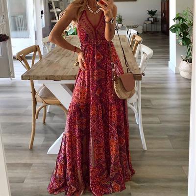 Women's Bohemian High Waist Strap V Neck Plus Size Printed Long Dress Clothes Sale